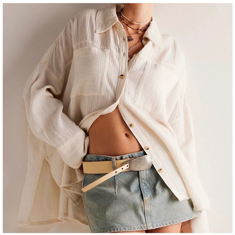 We The Free Summer Daydream Cotton Gauze Button Down Shirt Ivory OB1897795 XS